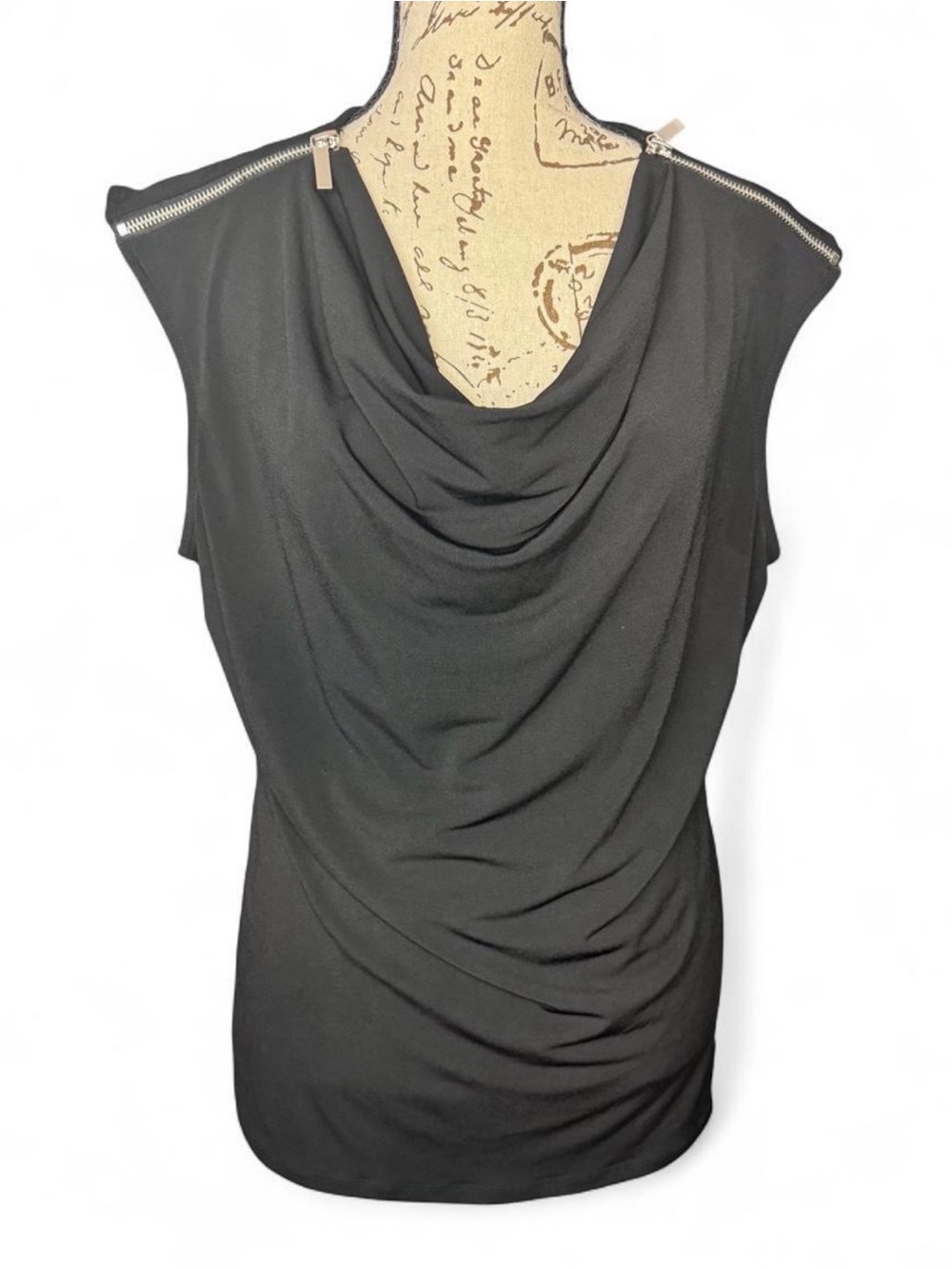 Carmen Marc Valvo Black Draped Cowl Neck Sleeveless Top with Shoulder Zippers